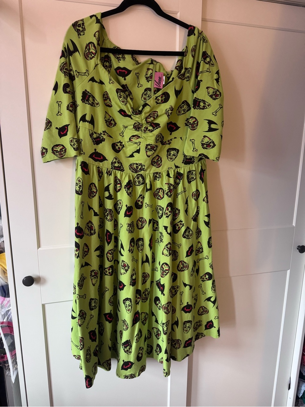 Vixen by Micheline Pitt Lime Green Ponte Monster Print Casual Swing Dress